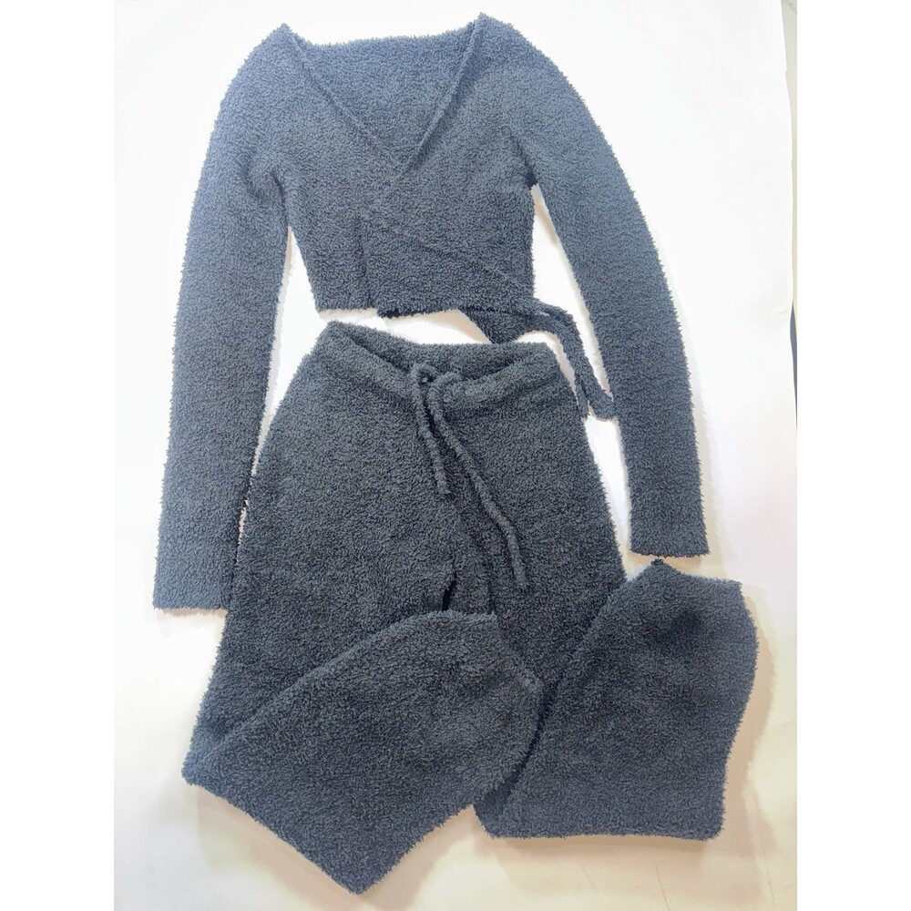 SKIMS Teddy Knit Lounge Set Black Crop Cardigan & Jogger 2-Piece XS/XXS / S/M
